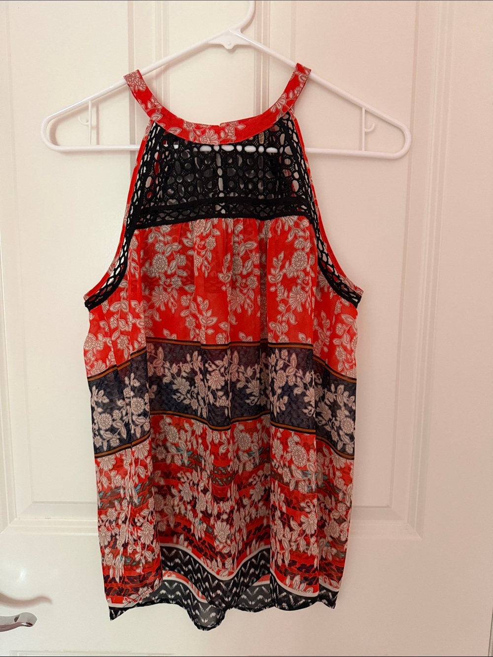 Meadow Rue Red Floral Halter Camisole with Black Crochet Yoke